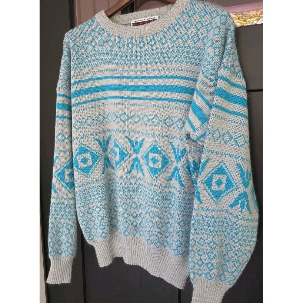 Vintage Sportime Actionwear Sweater Pullover Men Medium Blue Snowflakes Taiwan - Picture 2 of 7